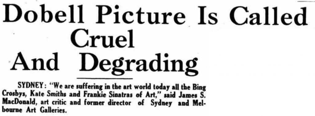A Newcastle Sun headline reading "Dobell Picture is Called Cruel and Degrading".